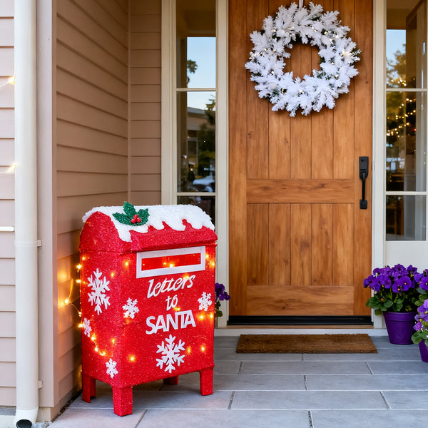 3D Light Up “Letters to Santa” Mailbox Decoration with Timer | Warm White LED Glitter Fabric Christmas Light